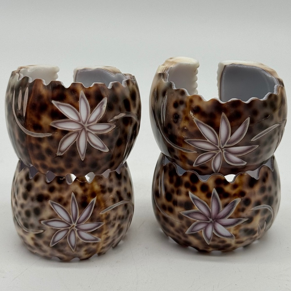 Vintage Hand Carved Tiger Cowrie Shell Floral Napkin Rings Set of 4 Coastal